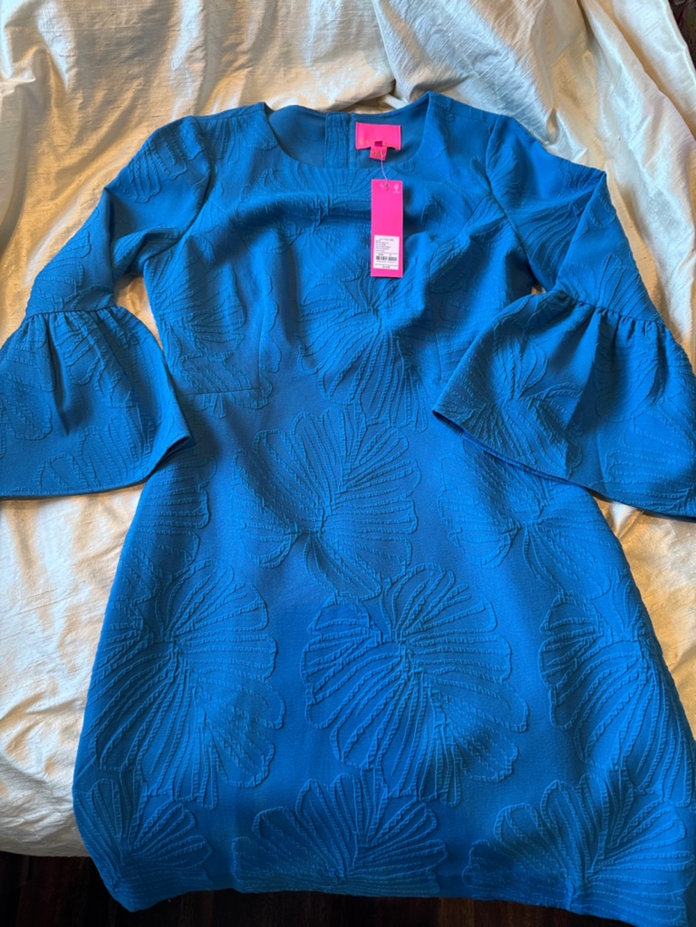 Bright Blue Floral Textured Bell-Sleeve Dress
